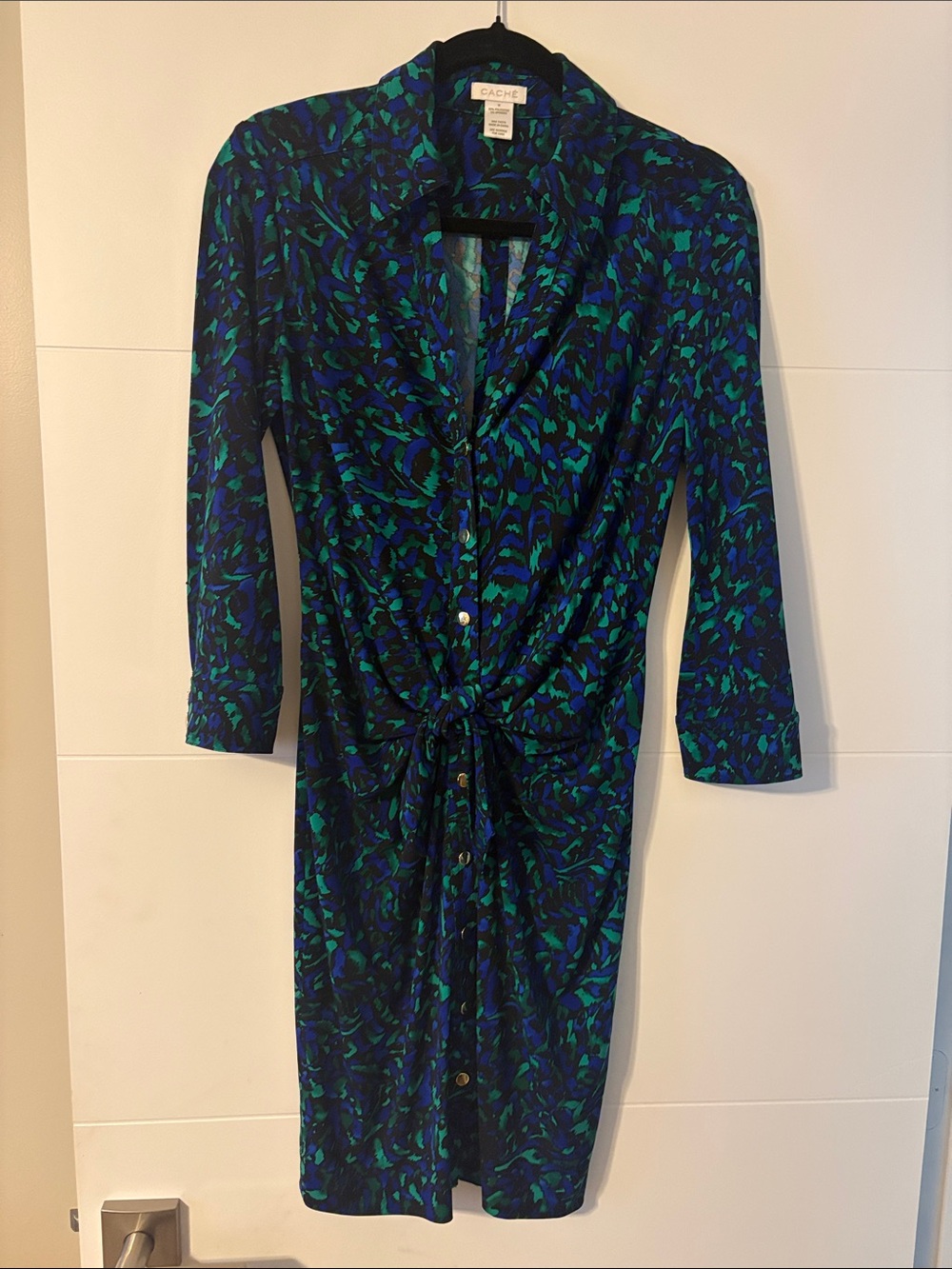 Cache Blue & Green Abstract Tie-Front Sheath Dress Beautiful SzM